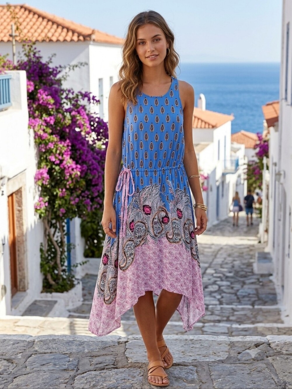 Free People Women's Boho Blue Paisley Floral Assymetric Slip Dress Size Small
